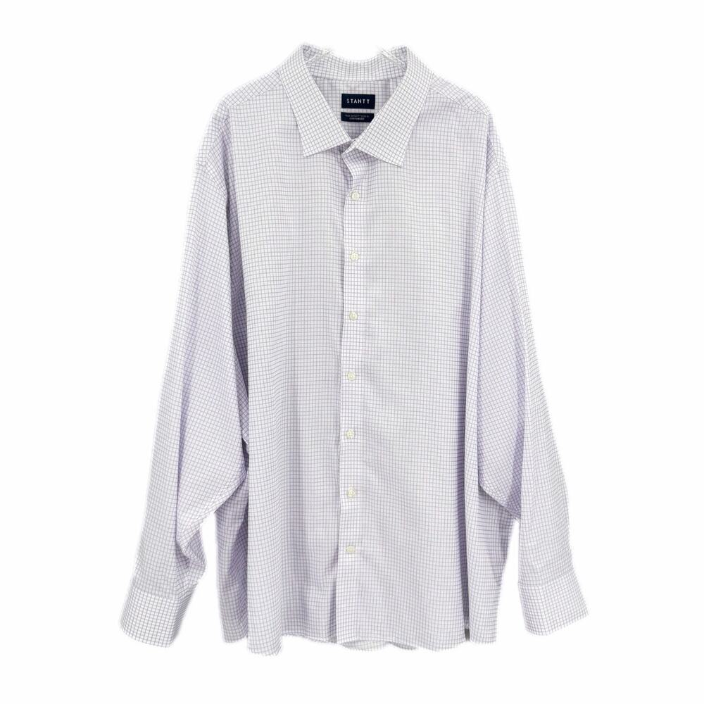 Stantt Men's XXL Cotton White Purple Check Button Down Long Sleeve Dress Shirt